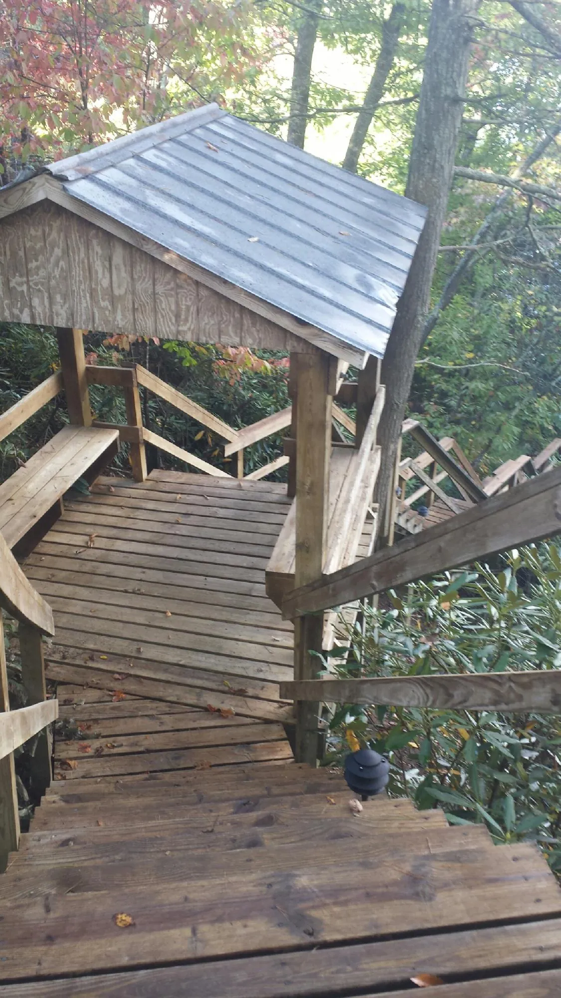Metal roofed shelter over wooden steps on a wooded walkway — Skylight Repair & Installation work by our crew in Gay